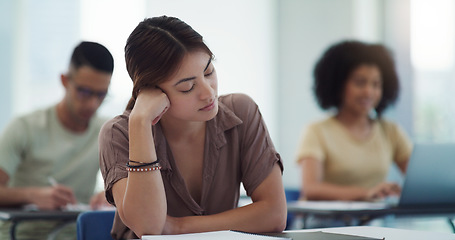 Image showing Sleeping, burnout and girl college student in a classroom bored, adhd or daydreaming during lecture. Tired, fatigue and female learner distracted in class, insomnia, boring or exam and quiz stress