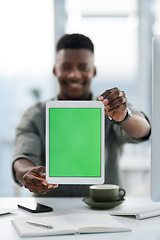 Image showing Businessman, hands and tablet with green screen for advertising, marketing or branding at office. Hand of Black man holding technology with chromakey display for advertisement, brand or mockup space