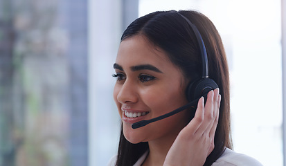 Image showing Call center, smile and microphone with business woman in office for customer service, technical support or consulting. Agent, contact us and help desk with employee for advisory, solution or sales