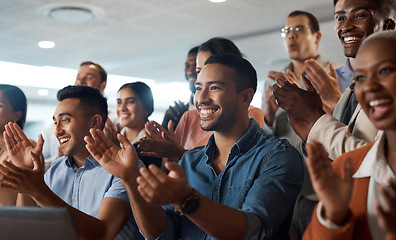 Image showing Applause, support and wow with a business team clapping as an audience at a conference or seminar. Meeting, motivation and award with a group of colleagues or employees cheering on an achievement