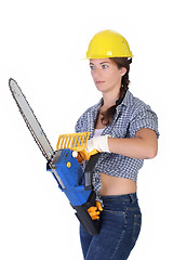 Image showing Beauty woman with chainsaw