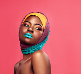 Image showing Makeup, fashion and scarf with black woman in studio for creative, art and culture. Beauty, cosmetics and natural with face of model isolated on pink background for african and color mockup