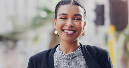 Image showing Happy, city and portrait of business woman smile for morning commute, professional career and pride. Confident, face and young female employee in urban town outdoors for happiness of job motivation