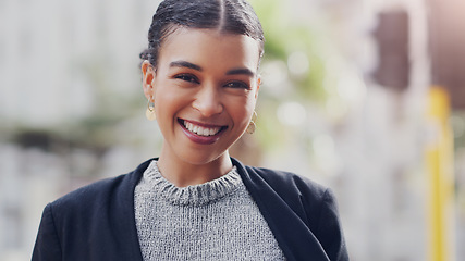 Image showing Happy, portrait and business woman in city for happiness, professional and smile. Confident, career and natural with face of corporate female employee in urban outdoors for entrepreneurship and pride