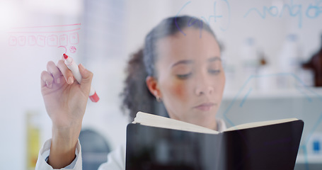 Image showing Science, writing formula and woman in laboratory for research, analytics and study results for solution. Healthcare, glass wall and female scientist with book for chemistry, medicine and analysis