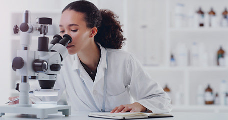 Image showing Science, notebook and microscope with woman in laboratory for expert research, medical and planning. Idea, vaccine analysis and medicine with female scientist for chemistry, healthcare and pharma