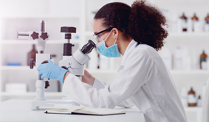 Image showing Microscope, sample analysis and woman scientist in a lab for science, covid and research. Laboratory, innovation and female health expert checking corona, medicine or results while working on a cure