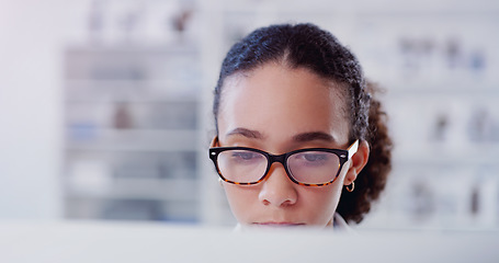 Image showing Focus, computer and research with woman in laboratory for thinking, medical report or network. Healthcare, pharmacy and science expert with female scientist for internet, technology or medicine study