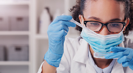 Image showing Woman, scientist petri dish and face mask with focus on futuristic research and virus data. Science, African female person and young employee working in a laboratory with chemistry test analysis