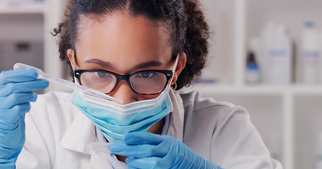 Image showing Woman scientist, petri dish test and face mask with focus on futuristic research and virus data. Science, African female person and young employee working in a laboratory with chemistry analysis