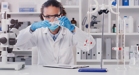 Image showing Lab worker, woman scientist and chemical pour of a employee with science work. Laboratory, medical test and chemistry for disease, virus and health analysis doing futuristic research with mask