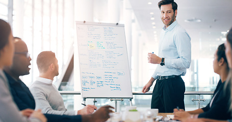 Image showing Business man, speaker and board for presentation, conference or workshop for question, writing and talk. Leader, coaching or mentor by whiteboard, training or advice for team building in meeting room