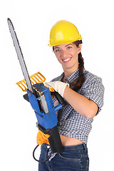 Image showing Beauty woman with chainsaw