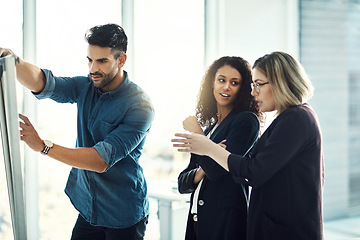 Image showing Brainstorming board, collaboration meeting and business people cooperation, research conversation or work on plan. Teamwork, group planning or designer team discussion on strategy, ideas or moodboard