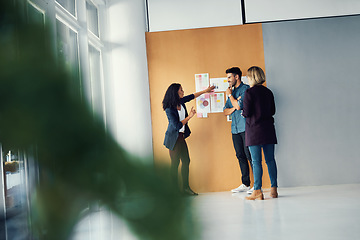 Image showing Brainstorming wall, group communication and business people planning, speaking or talk about creative design ideas. Designer teamwork, cooperation and research team listening to startup presentation