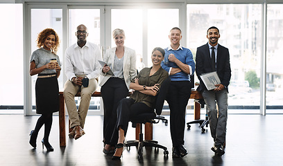 Image showing Diversity, smile and portrait of business people in office for support, community and happy. Teamwork, collaboration and solidarity with group of employees for mission, commitment and mindset