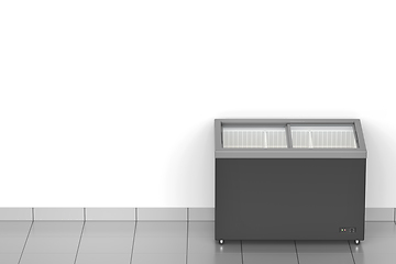 Image showing Empty glass door chest freezer in supermarket