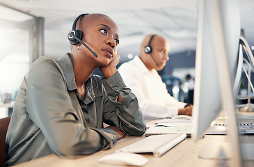 Image showing Call center, stress and a woman with a headset at computer with customer account problem. Black person crm support agent at pc for error, mistake or crisis with telemarketing, help desk or sales fail