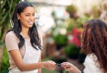 Image showing Woman waiter, credit card and store payment at coffee shop with barista and smile outdoor. Purchase, working and shopping with customer service and a female retail worker with happiness from cafe pay