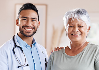 Image showing Portrait, happy doctor and senior woman for healthcare, retirement wellness and hospital service. Smile, face and Biracial elderly patient with medical professional, worker or asian person for health