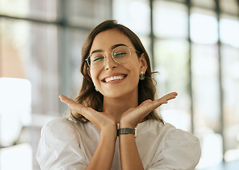 Image showing Happy, face and excited with hands on woman for cheerful, playful and startup. Happiness, designer and pride with female employee presenting smile for creative, entrepreneur and business