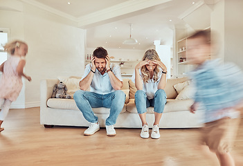 Image showing Parents, headache and children running in living room, noise or depression. Stress, mother and father with kids run in lounge, tired and exhausted, burnout or migraine, frustrated and fatigue on sofa