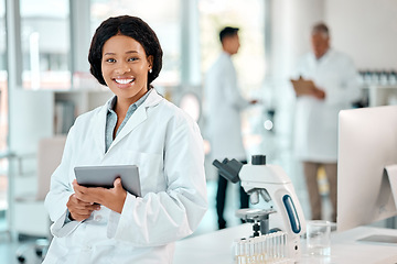 Image showing Tablet, black woman and portrait of a scientist in laboratory, hospital or science research for medicine, chemistry or innovation. Doctor, technology and medical worker with smile in clinic or lab