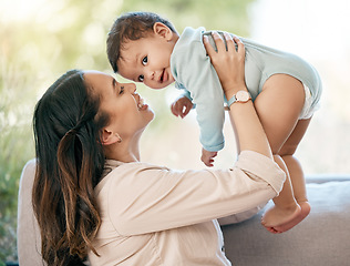 Image showing Portrait, airplane and mother with baby on a sofa for games, playing and laughing in their home together. Love, smile and mom with girl toddler on couch, relax and flying, fun and hug in living room