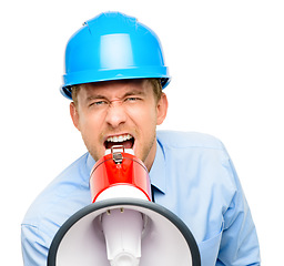 Image showing Construction worker, portrait and a man shouting into a megaphone in studio isolated on a white background. Engineer, builder and a male designer screaming during a building project for architecture