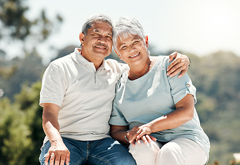 Image showing Senior couple, portrait and hug in nature on vacation, holiday or summer bonding. Face, hugging and retirement of man and woman with happiness, love or enjoying quality time together on date outdoor.