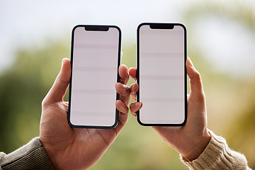 Image showing Phone screen, mockup and hands of couple of friends with online promotion and deal space outdoor. Hand, mobile and advertisement on cellphone with connectivity, network and dating app on web