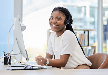 Image showing Customer service, portrait or happy black woman in call center tech support consulting for advice. Girl, CRM or friendly virtual assistant in telemarketing or telecom company smiling in mic headset