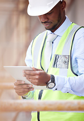 Image showing Tablet, architecture and search with black man on construction site for engineering, building or designer. Maintenance, project and technology with contractor for planning and city infrastructure