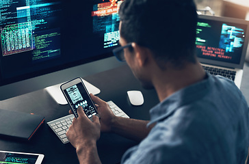 Image showing Programming, smartphone or man typing, cyber security or digital software with internet connection. Male person, programmer or coder with a cellphone, technology or analytics with website information
