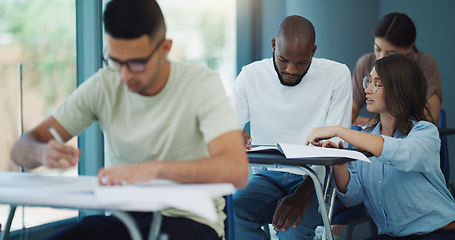 Image showing Notebook, student help and education test in a classroom with writing and teacher learning at university. College exam, school professor and male person with document in a lecture hall with paper