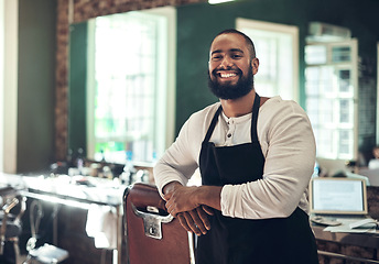 Image showing Barber shop employee, hair stylist and black man portrait of an entrepreneur with smile. Salon, professional worker and male person face with happiness and proud from small business and beauty parlor