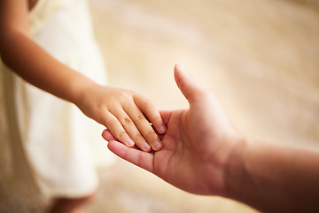 Image showing Love, closeup with person with their child and holding hands for support. Care with happy family, help or trust and parent hold her kids hand for compassion or calm with mockup space together