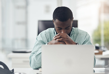 Image showing Thinking, stress and business man on computer with mental health risk, sad or depression for online news or mistake. Anxiety, fatigue or tired african person on laptop problem, wrong email or burnout
