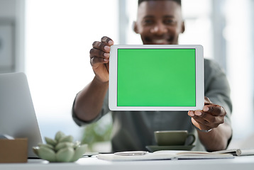 Image showing Black man, hands and tablet with green screen mockup for advertising, marketing or branding at office. Hand of businessman holding technology with chromakey display for advertisement or copy space