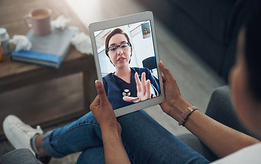 Image showing Tablet, virtual consulting with a doctor and a patient in the home for healthcare, medical or online meeting. Video call, telehealth and remote with a person talking to a medicine professional expert