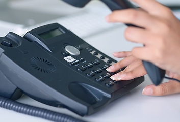 Image showing Telephone, call and closeup on receptionist hands for work conversation, communication or telemarketing. Hand, phone and office secretary calling, crm or administration to contact us on a landline