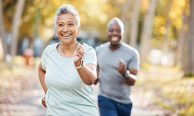 Image showing Health, race and running with old couple in park for fitness, workout and exercise. Wellness, retirement and happy with senior black man and woman training in nature for motivation, sports and cardio