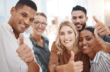 Image showing Group, business people and thumbs up in office portrait, diversity and solidarity for smile, teamwork or goals. Men, women and agreement with hand, sign language or emoji for collaboration at startup