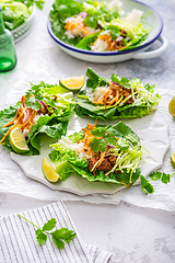 Image showing Asian minced meat lettuce wraps with rice, bean sprouts and cabbage