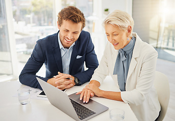 Image showing Business people, laptop and happy manager, team or partner reading online information, sales report or research. Collaboration, happiness or senior woman, man or team smile for growth revenue insight