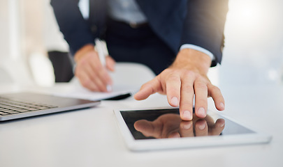 Image showing Tablet screen, hands and business person scroll, typing or writing journal summary of online notes, office agenda or schedule. Corporate manager, planning and professional worker working on UI tech