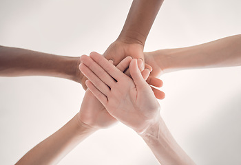 Image showing Teamwork, hands and group of people together for support, strategy and collaboration with diversity. Team, trust and hand huddle with cooperation, men and woman in synergy, integration and solidarity