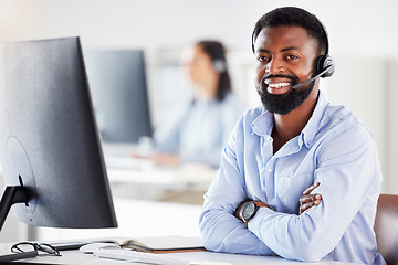 Image showing Black man, call center portrait and arms crossed in office for contact us, tech support or microphone. African guy, telemarketing and happy for sales consulting, customer service or help desk for crm