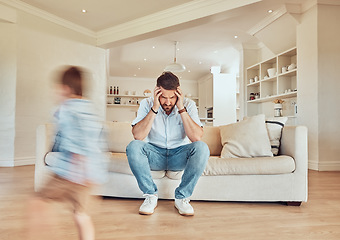 Image showing Headache, father and kids running in living room, depression and fatigue. Stress, tired dad and children run in lounge, exhausted or burnout, migraine or frustrated, pain or noise on sofa in house