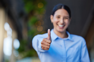 Image showing Thumbs up, portrait and business woman for outdoor success, like and okay or support, vote and subscribe sign. Happy face of professional person or winner in yes, winning and agreement hands or emoji